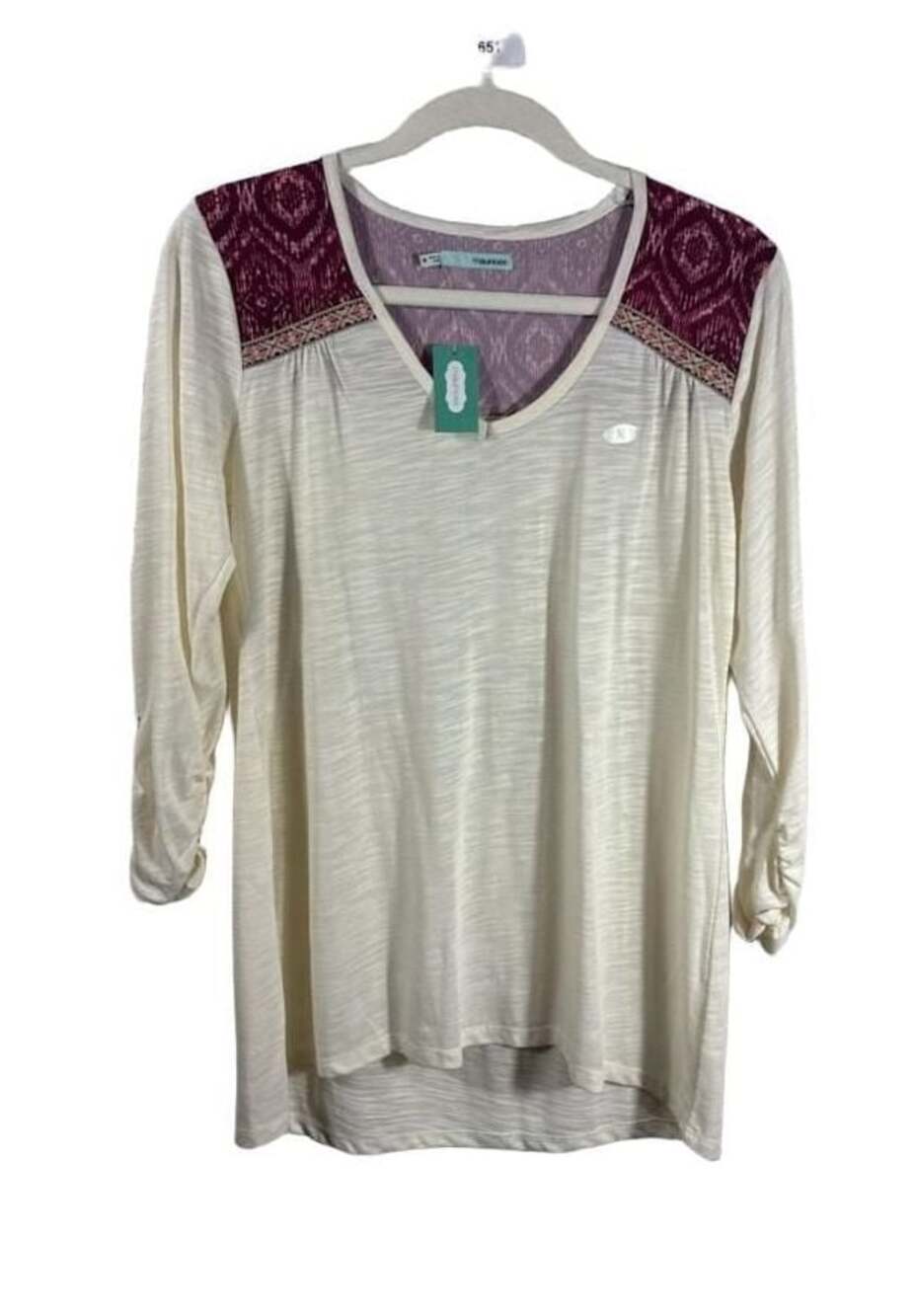 Maurices Womens V-Neck Aztec Print Yoke Ivory Ruched Sleeve Tunic Top